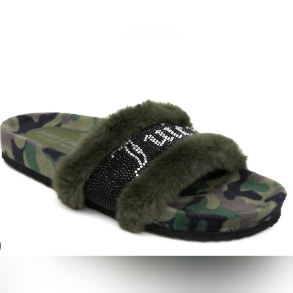 Juicy Couture JC Siren Green Bling Faux Fur Sandal Slides NIB